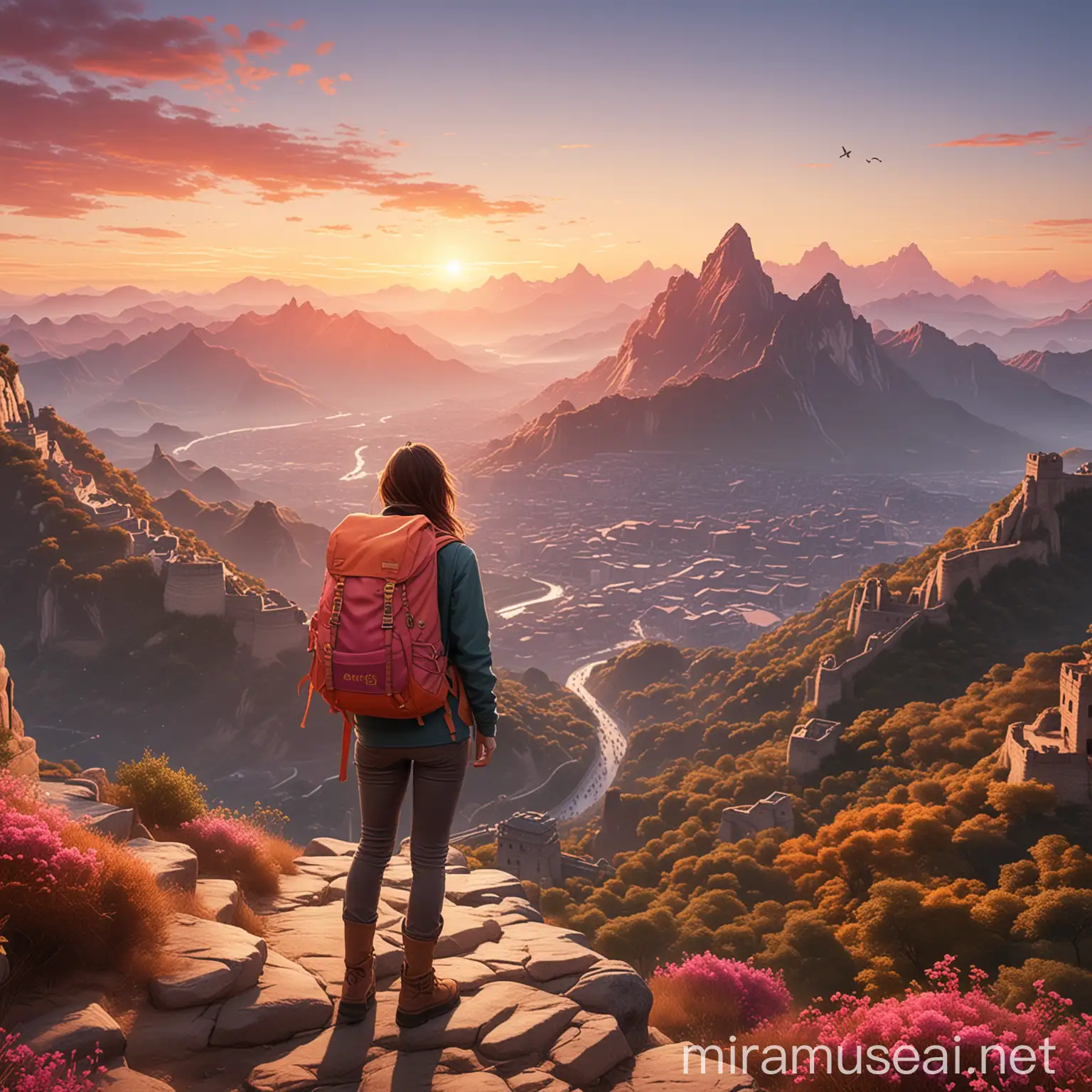 Solo Female Traveler on Mountain Peak at Sunrise with Global Landmarks