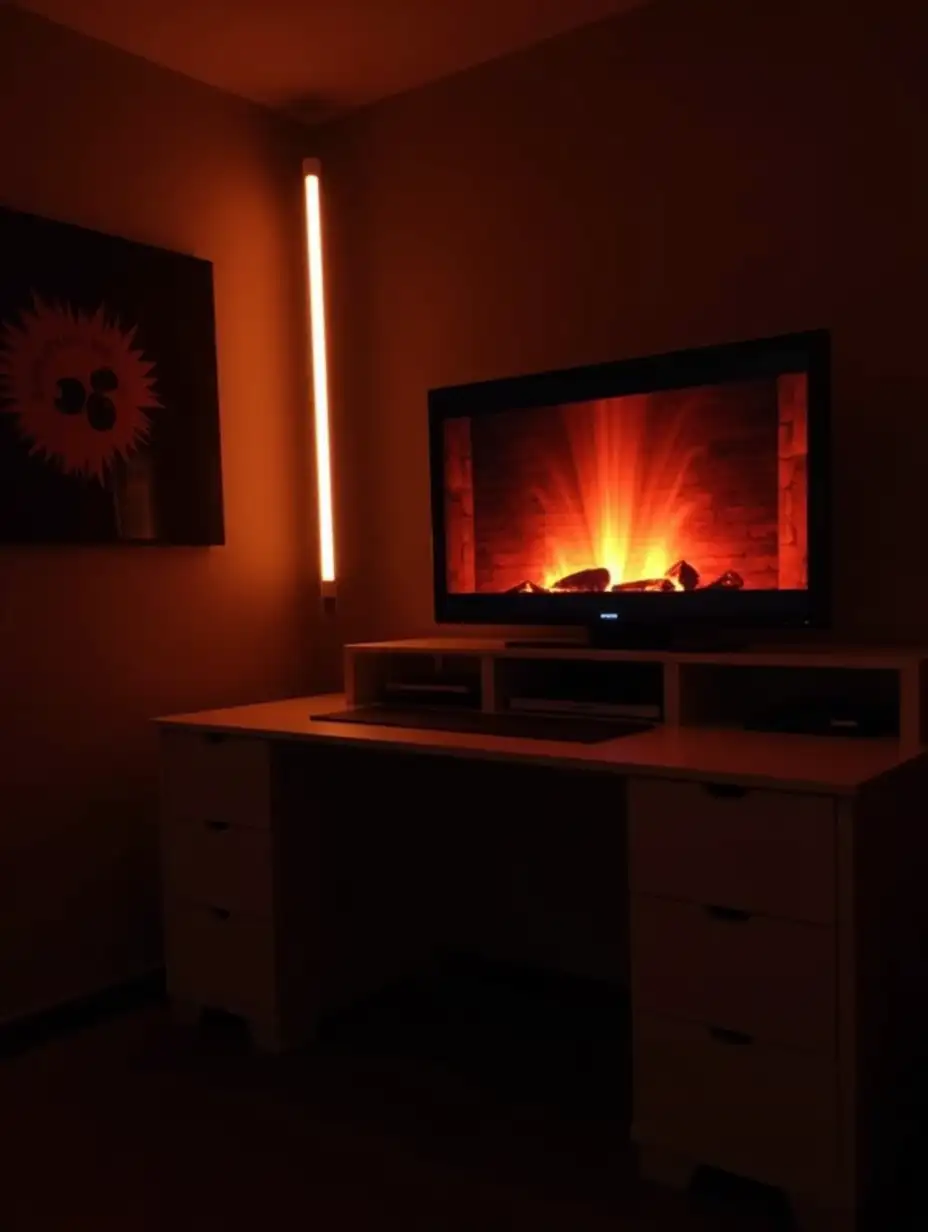 A cozy indoor setup featuring a television screen displaying a warm and glowing fireplace, emitting soft orange and red light that fills the room. The background includes a minimalist desk setup with drawers, creating a modern and organized aesthetic. A vertical LED light strip glows in warm hues, complementing the ambiance. The environment is dimly lit, emphasizing the warm tones from the fire and LED lighting, creating a relaxing and inviting atmosphere.