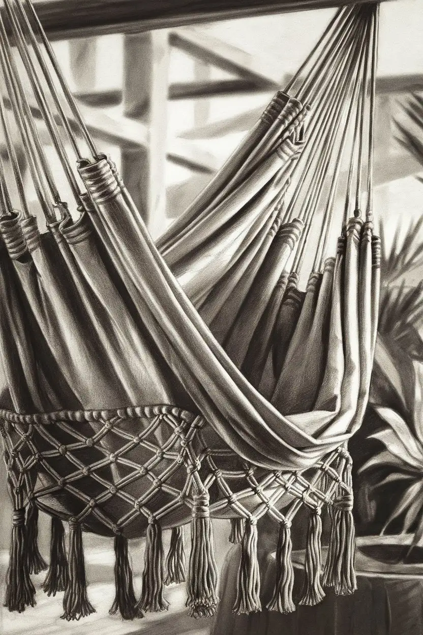 A detailed pencil and charcoal sketch of a stylish hammock chair suspended from a beam. Focus on capturing the soft folds and curves of the fabric, as well as the texture of the rope or macrame. The shading should suggest depth and a feeling of gentle movement. The background should be a softly lit interior space with plants. --ar 9:16 --style raw --v 5.2