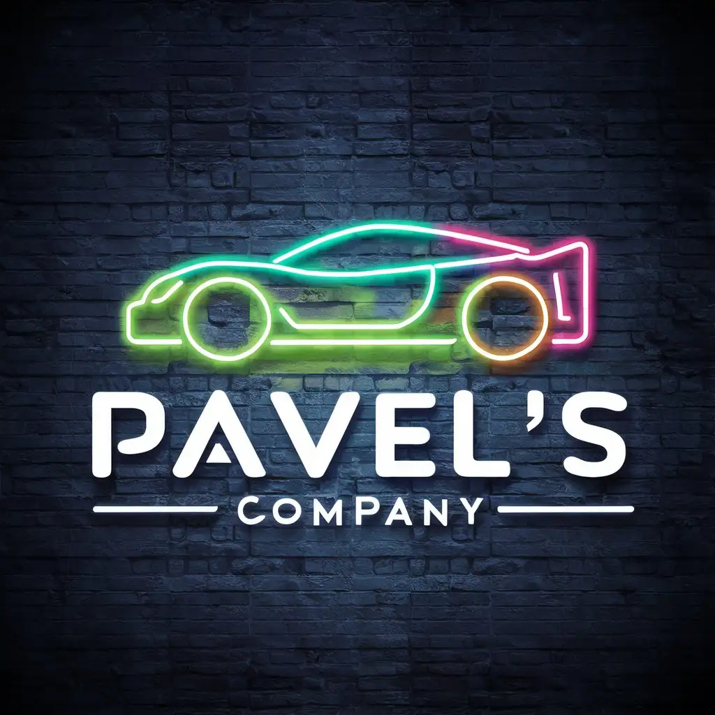 a vector logo design,with the text "Pavel's Company", main symbol:Sport car in neon lights,Moderate,be used in Retail industry,clear background