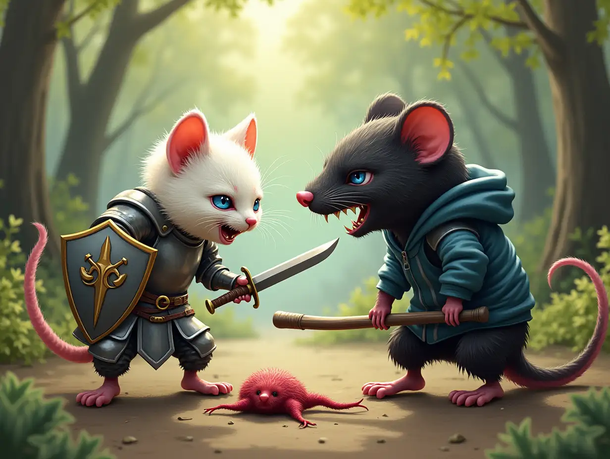 Background - summer forest. A small angry white humanoid kitten in knight's armor, with a shield in its left hand, sword in its right. The kitten is fending off two large humanoid black rats. On the ground lies a cut-off rat tail. The rats have bared teeth, wearing hoodies. Both rats are armed with clubs, one of them has no tail. Two rat paws are sticking out from under the picture, the right one is holding a club. An ironic drawing.