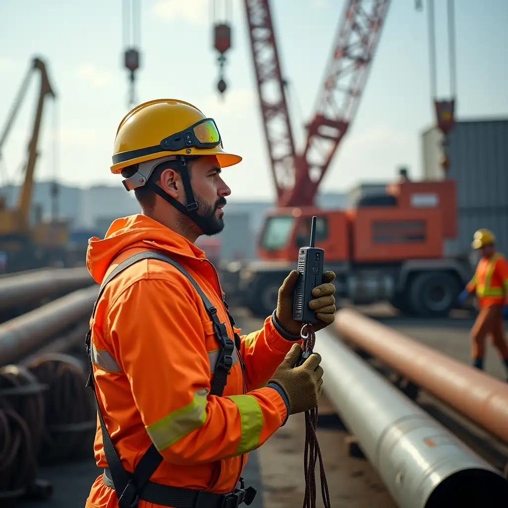 Realistic image of a rigger at work. A man in bright safety gear (orange or yellow overalls), in a helmet, protective gloves and a safety harness. He is on a construction site or warehouse, operating a crane, securing cargo with straps. In his hands there is a radio for communication with the crane operator. In the background - a crane, cargo (metal structures, pipes or containers) and other workers. Lighting is bright, with an emphasis on details of equipment and special clothing. Style - photorealism.