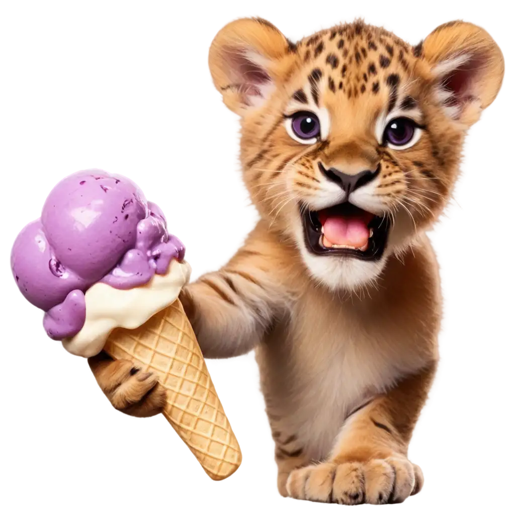 create a lion cub licking a grape purple ice cream