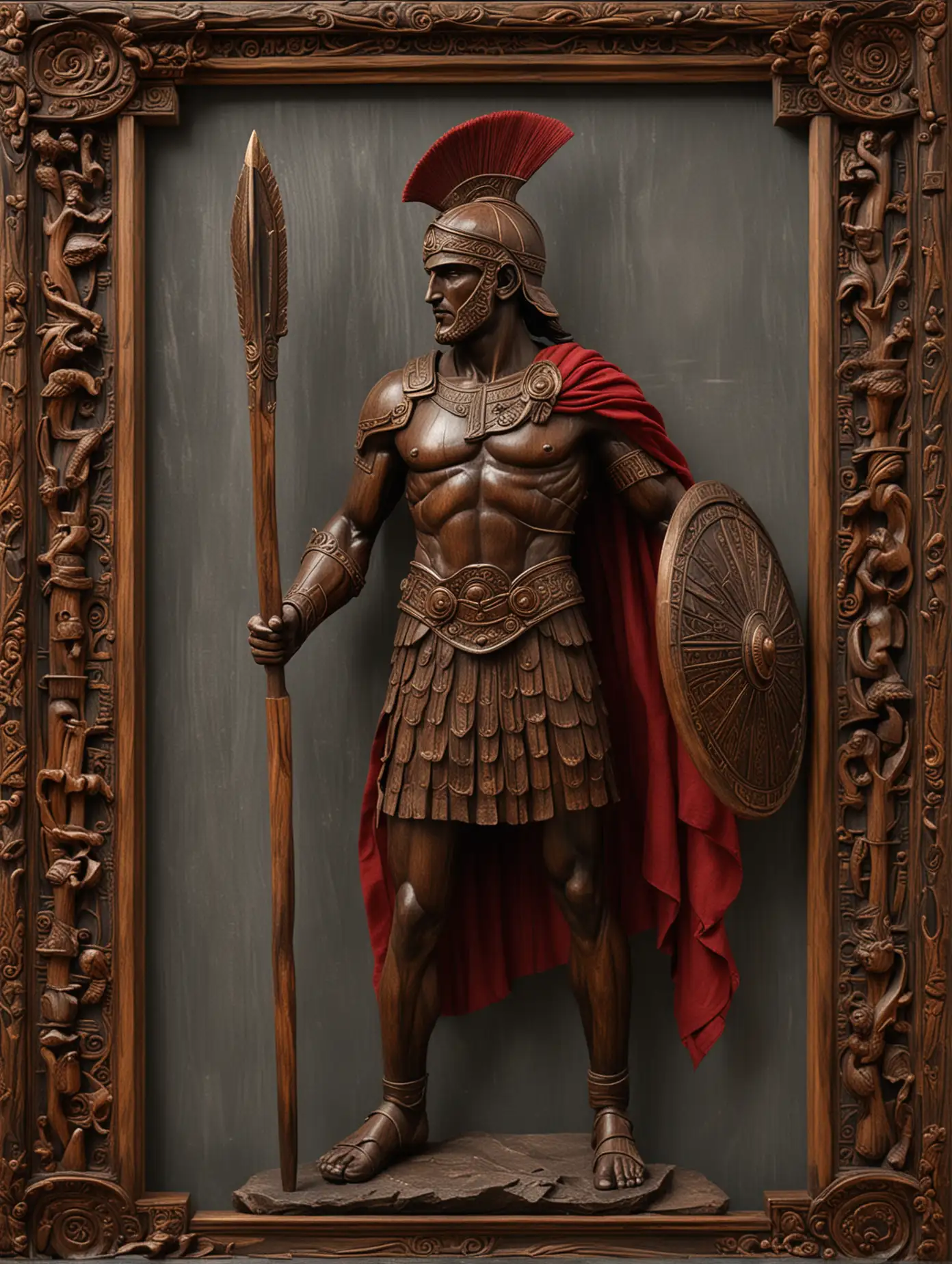 The carved wooden figure portrays an ancient Greek warrior dressed in a striking black uniform, emphasizing his bold presence. He stands tall, holding a spear with a poised and commanding grip, showcasing his readiness for battle. The intricate woodwork captures the details of his armor and flowing red garment. A decorative wood frame surrounds the sculpture, enhancing its classical and timeless appearance.