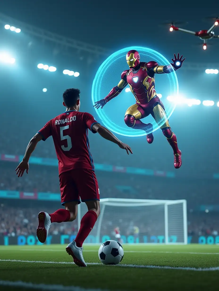 Ronaldo is preparing for a free-kick, while Iron Man hovers in the air using his repulsors, projecting holographic defenses around the goalpost. Background: A futuristic stadium with glowing neon lights and drones flying overhead.