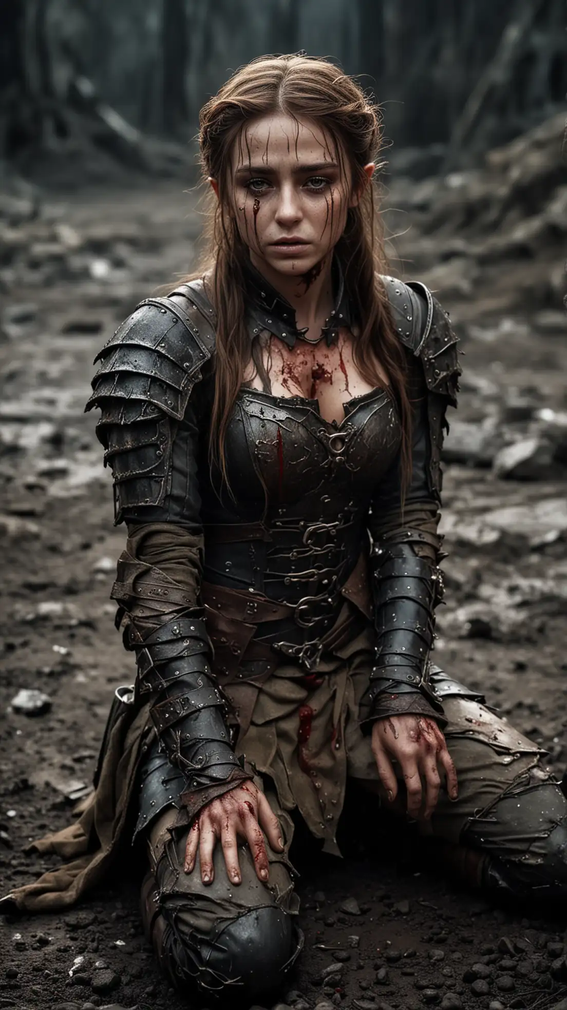 Beautiful Elf princess with brown hair wounded with a heavily bruised face, gruesome wounds, battle worn, blackened eyes, light armour, covered in blood and dirt, who is kneeling on a desolate battlefield at a dark night. She is suffering with closed eyes and tortured with agonizing pain.