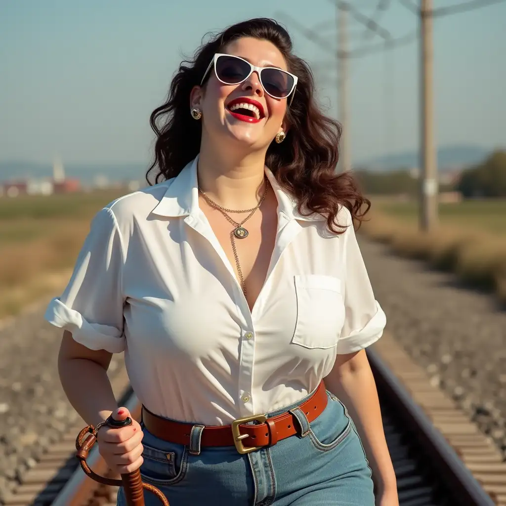 pinup curvy lady, wearing an white sea college shirt, laughing with her mouth open, red lipstick accentuating her smile, accessorized with a stylish belt, holding a leather whip, jewelry, white skin, big wide hips, chest are fully grown, pilot sunglasses, two european lady walking on rails