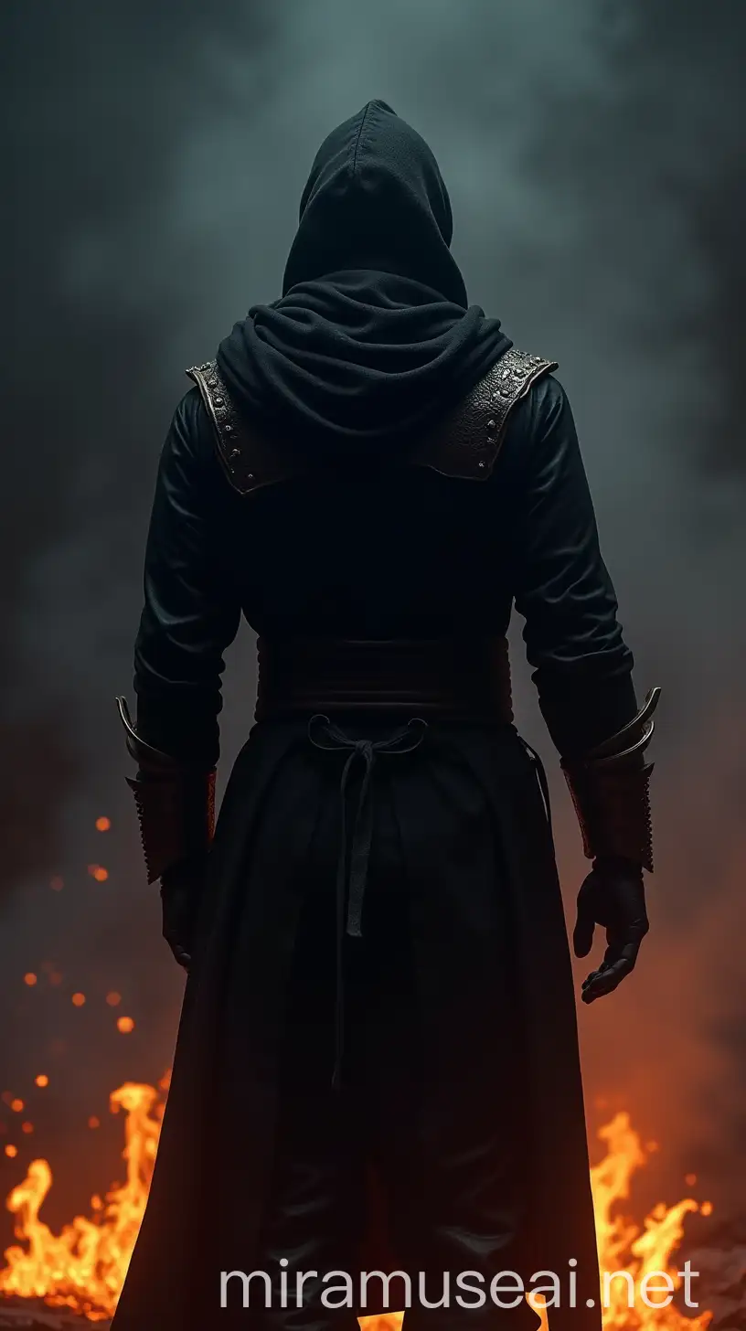 Warrior in Black Battle Attire Standing Amidst Midnight Flames