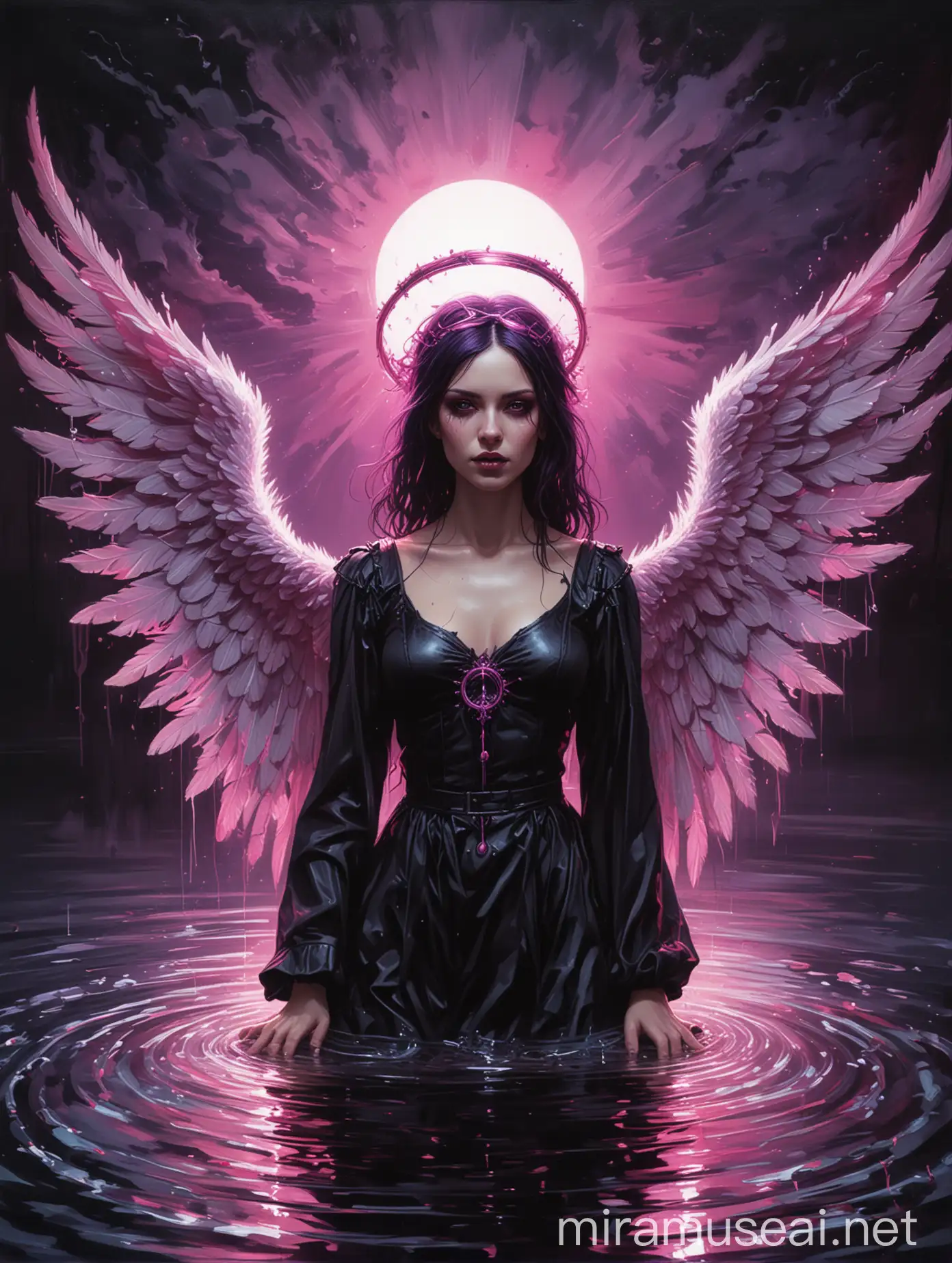 Surreal Goth Punk Angel with Glowing Halo and Wings in Nighttime Water