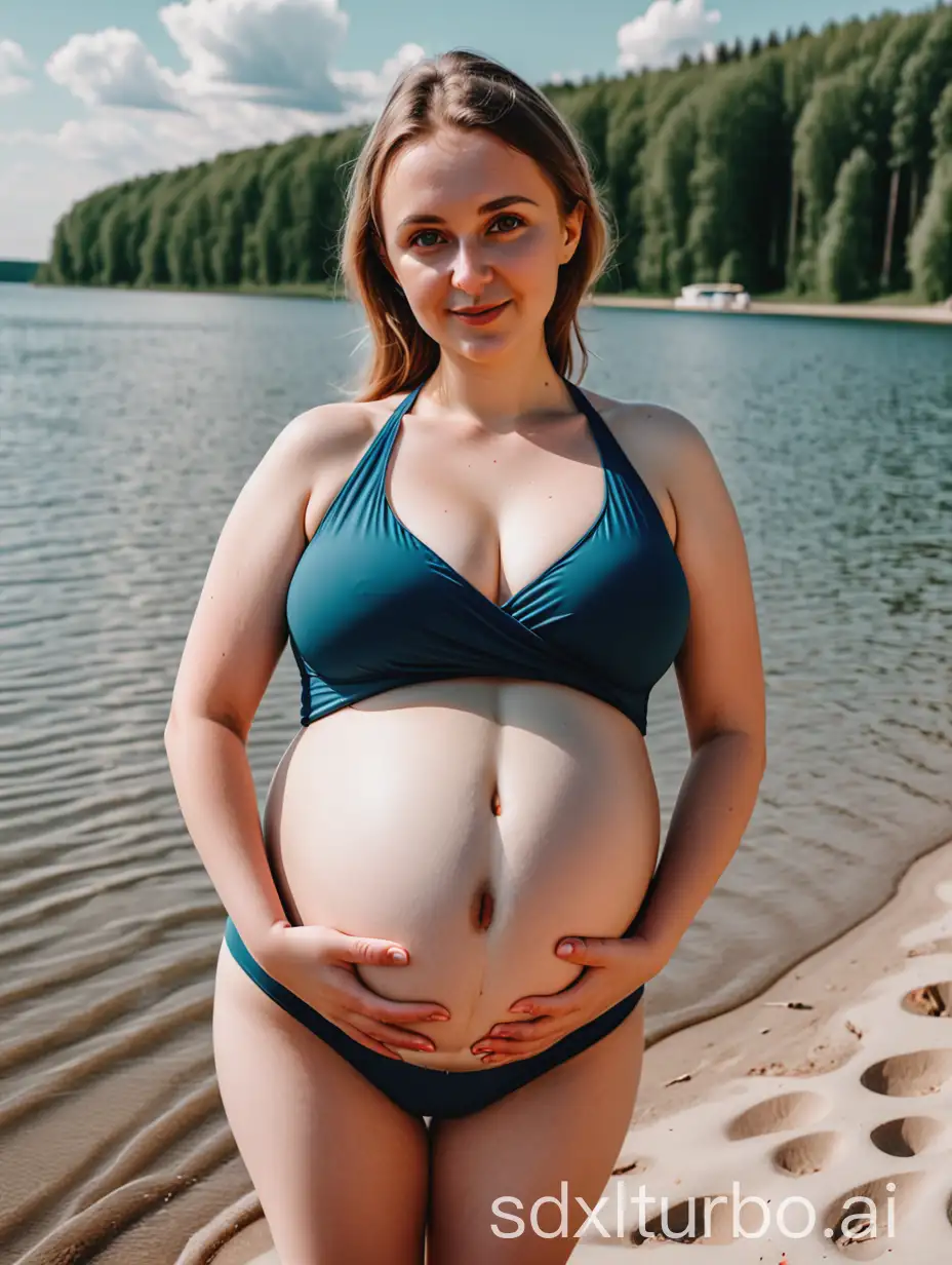 Pregnant-Russian-Woman-in-EmilieMusee-Swimsuit-on-Beach