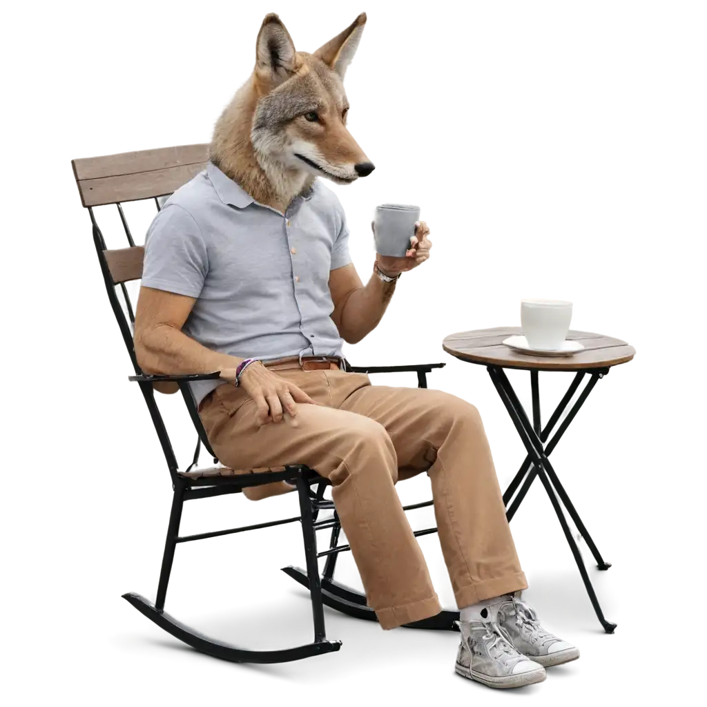 COYOTE-DRINKING-COFFEE-WITH-MILK-PNG-IMAGE-Relaxing-on-a-Porch-in-a-Rocking-Chair