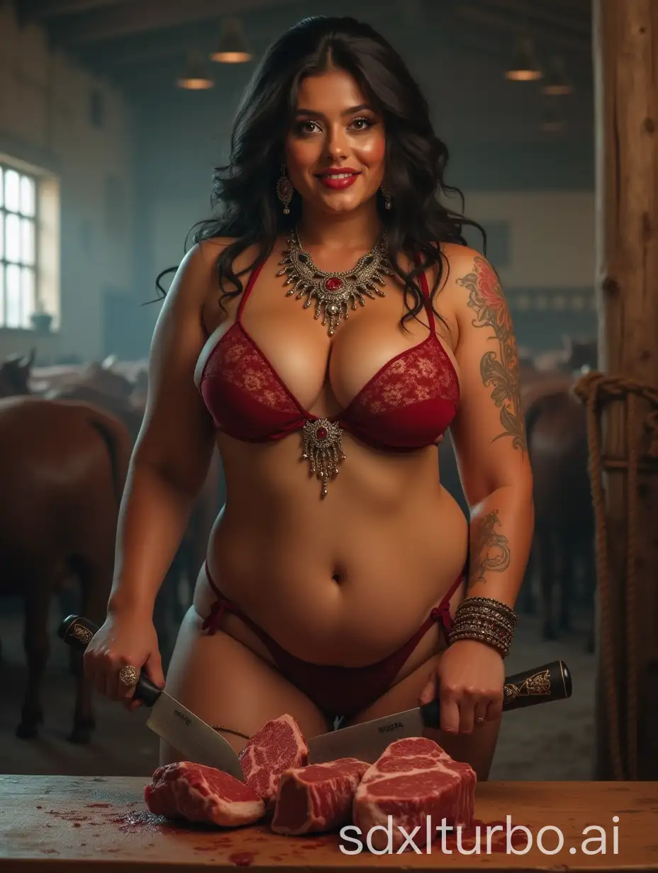 PlusSize-Indian-Woman-in-String-Bikini-Chopping-Steaks-in-Grand-Hall