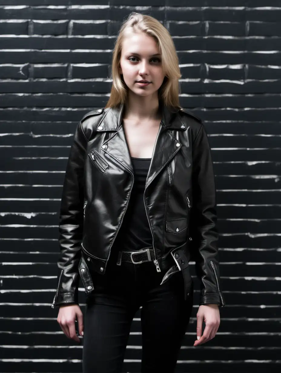 tall blonde girl wearing leather jacket standing in front of black wall