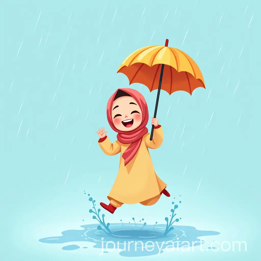 Child-in-Traditional-Muslim-Outfit-Jumping-in-Puddles-Under-Light-Blue-Rain