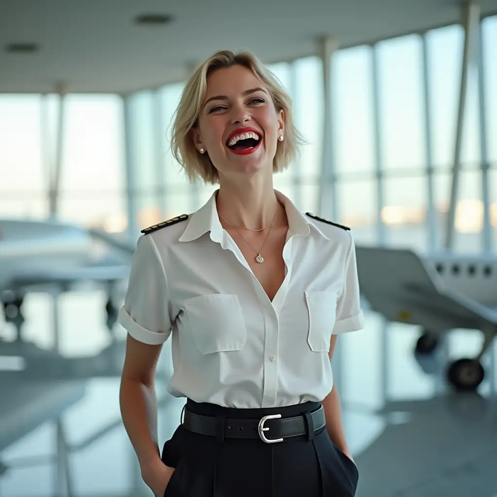 white norvegian pilot lady, in white deep-necked pilot shirt, laughing with her mouth open, red lipstick accentuating her smile,belt on waist, big wide hips, chest are fully grown, jewerly, short hair, HD, enjoying at airport , photo-realism