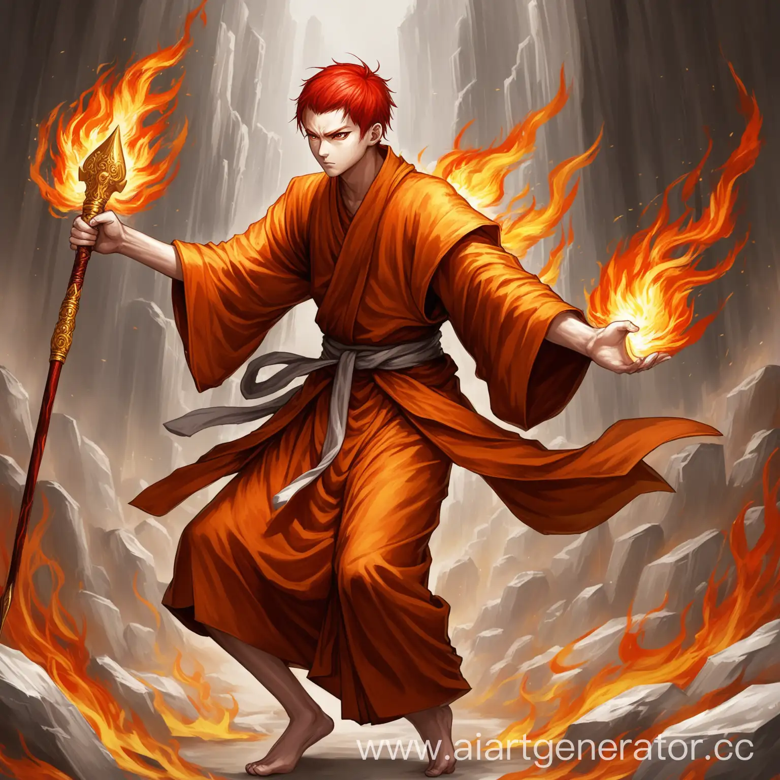 Graceful-RedHaired-Monk-with-Long-Spear-in-Battle