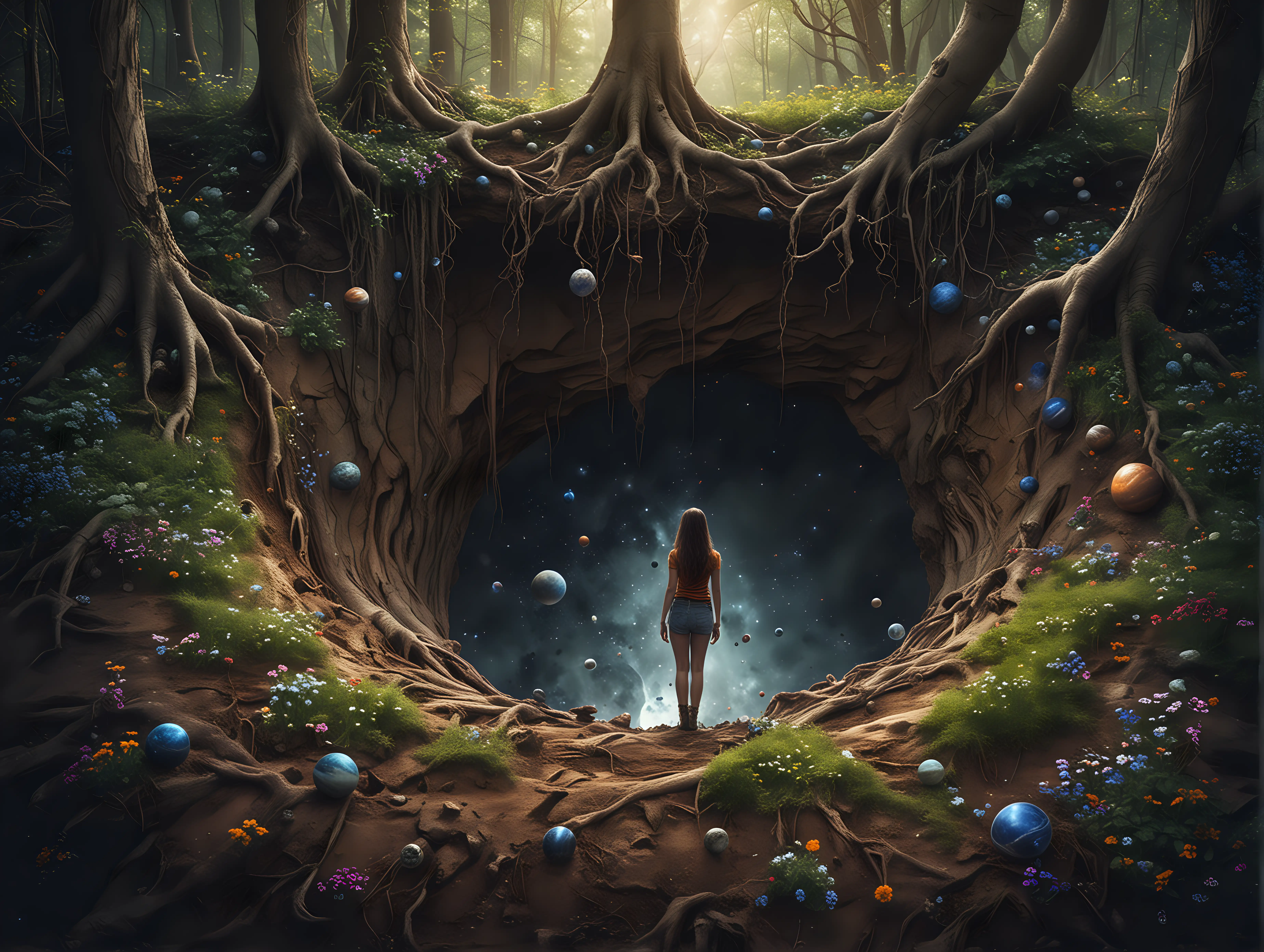 a woman standing looking down into a mysterious hole with space planets in the ground fantasy forest wild flower tree roots