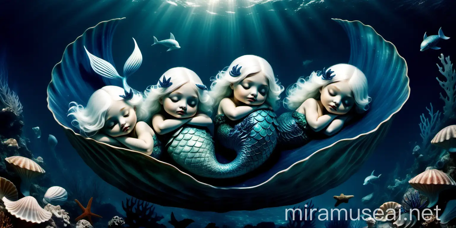 Mystical Mermaids Sleeping in a Shell Undersea