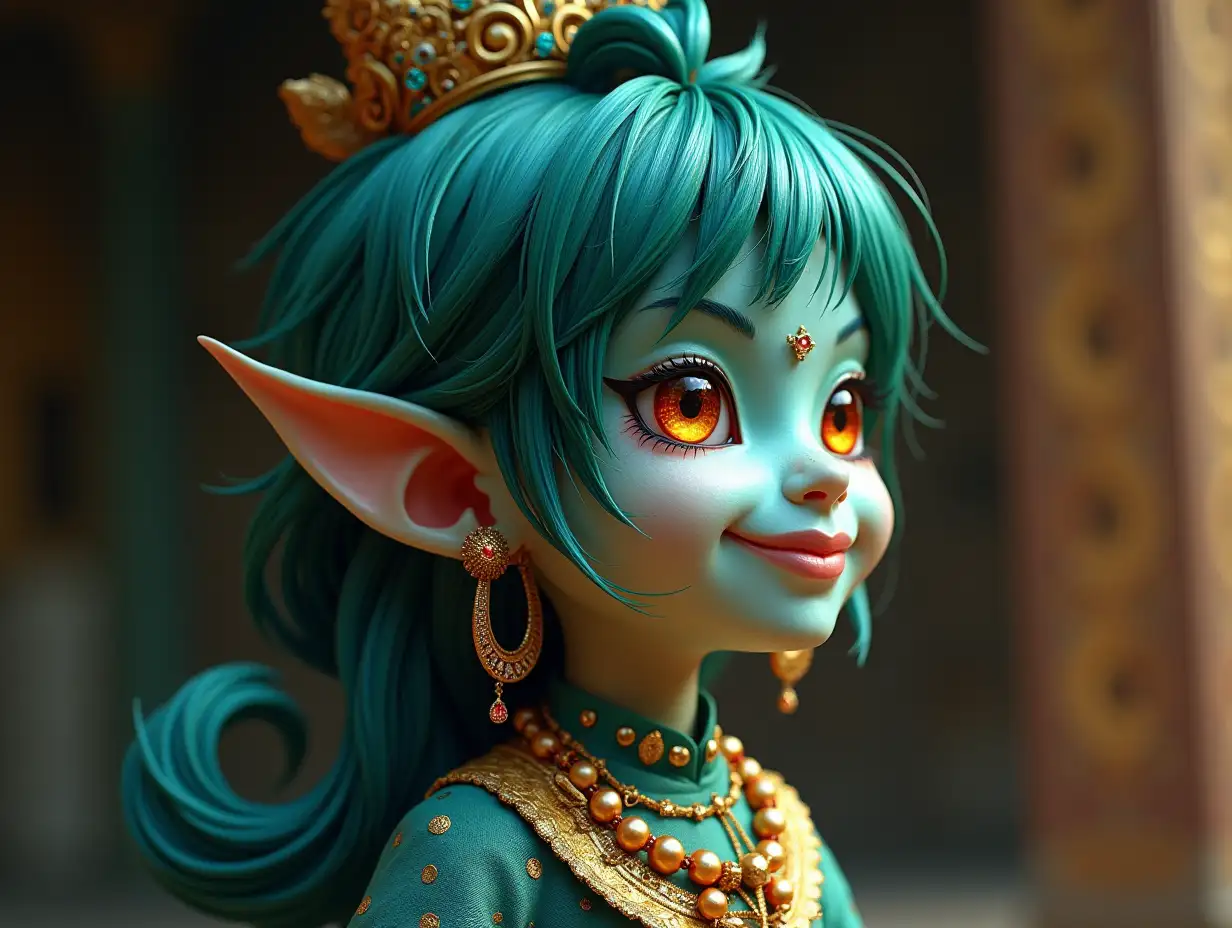 Young boy blue gold pattern fish with alien face, with green hair, with a slight smile on his face, emphasizing her smile, jewelry, in a temple much diamonds various shades 4k