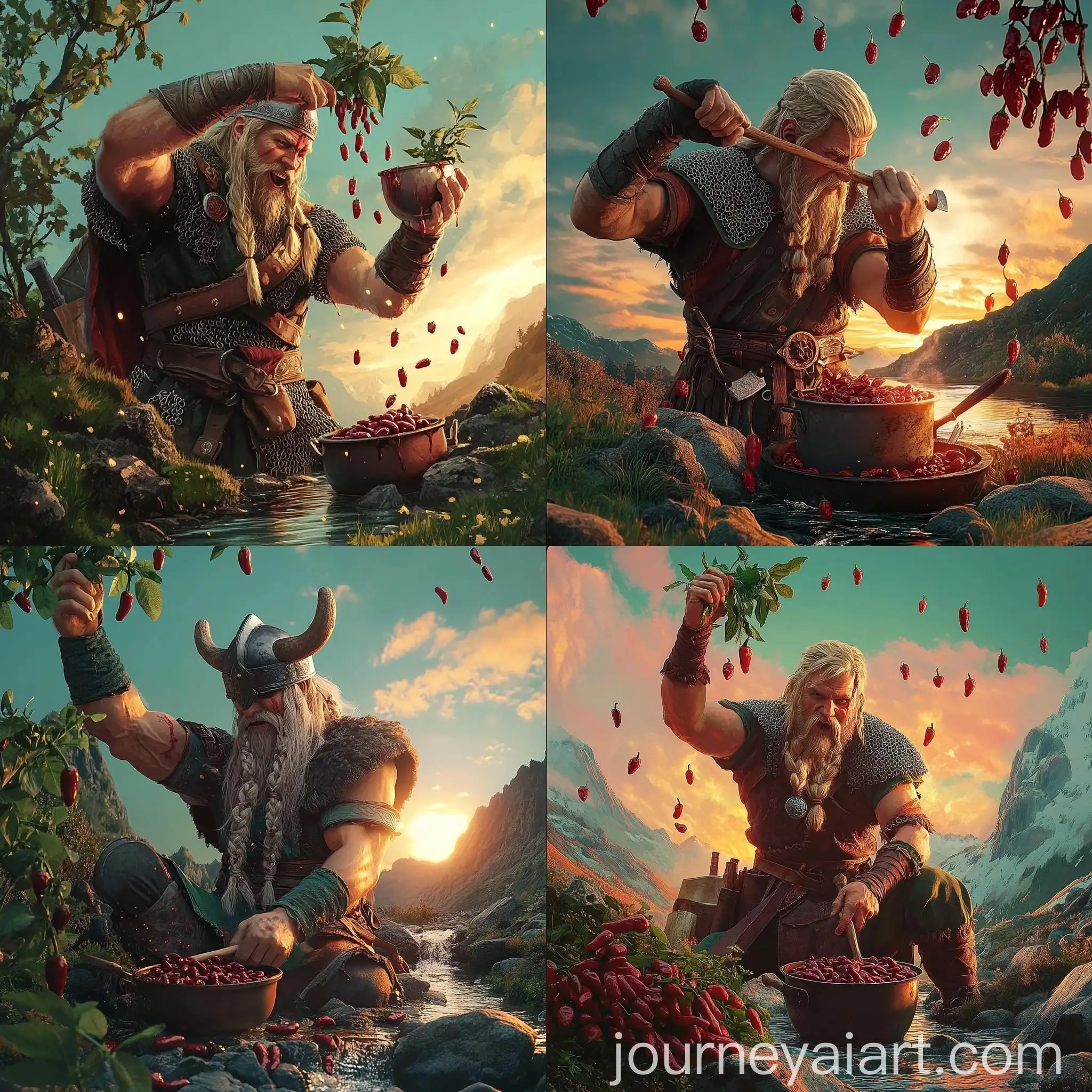 Viking-Harvesting-Chili-Plant-Over-Honey-Pot-at-Sunrise