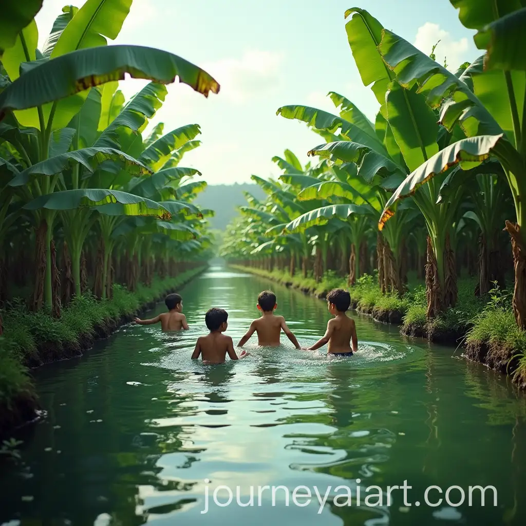 Children-Swimming-in-a-Serene-Banana-Field-Pond