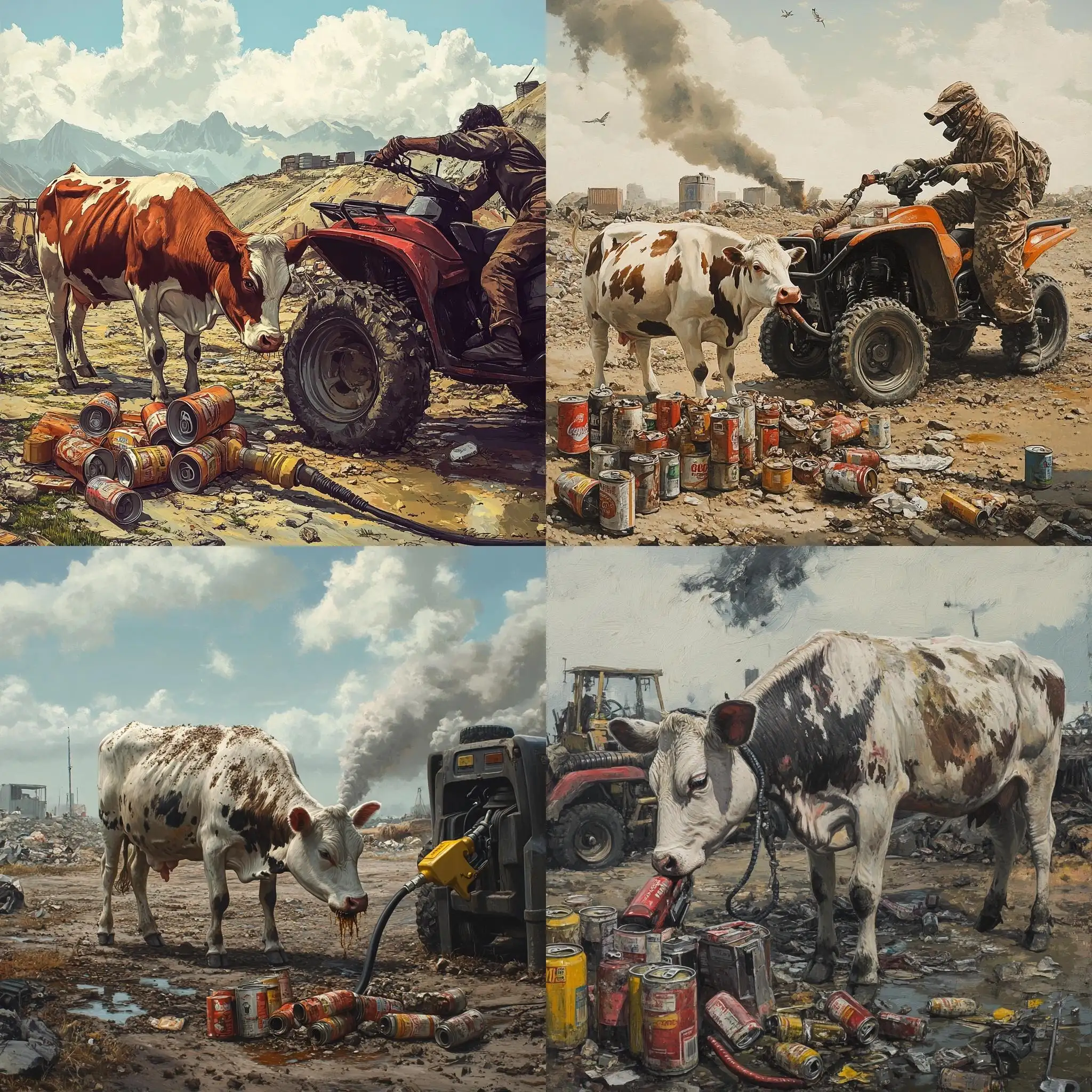 Cow-Eating-Canned-Food-at-a-Dump-with-Gasoline-Dispenser-and-Shepherd-Refueling-Quad-Bike