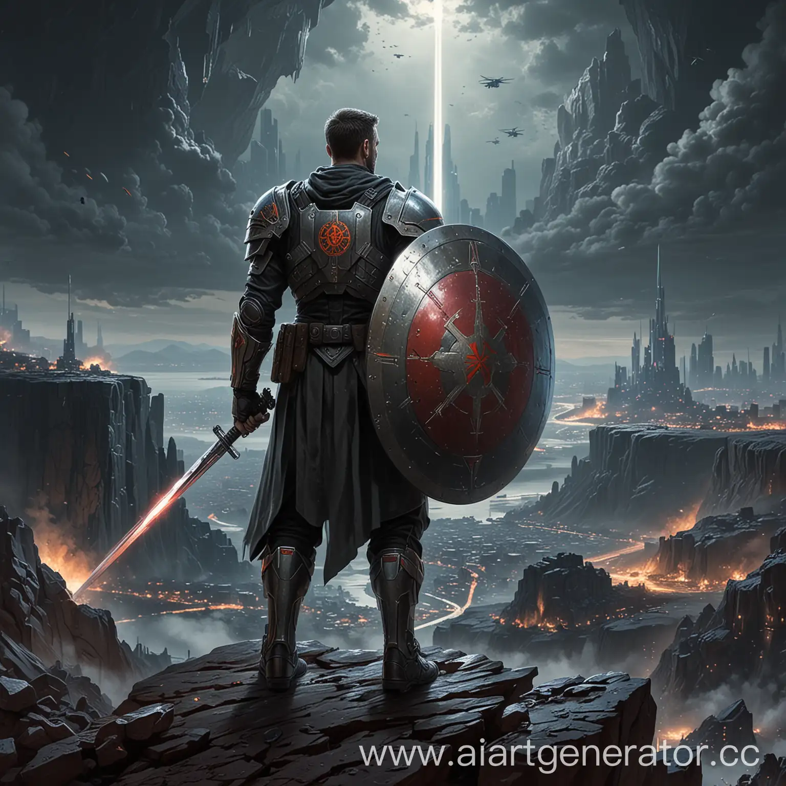 Russian-Warrior-with-Laser-Sword-and-Shield-Standing-on-Cliff-Overlooking-Future-City