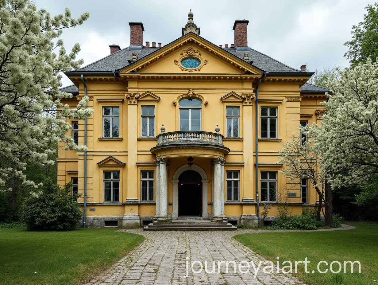 Decaying-European-Neoclassical-Palace-Surrounded-by-Lively-Wild-Garden