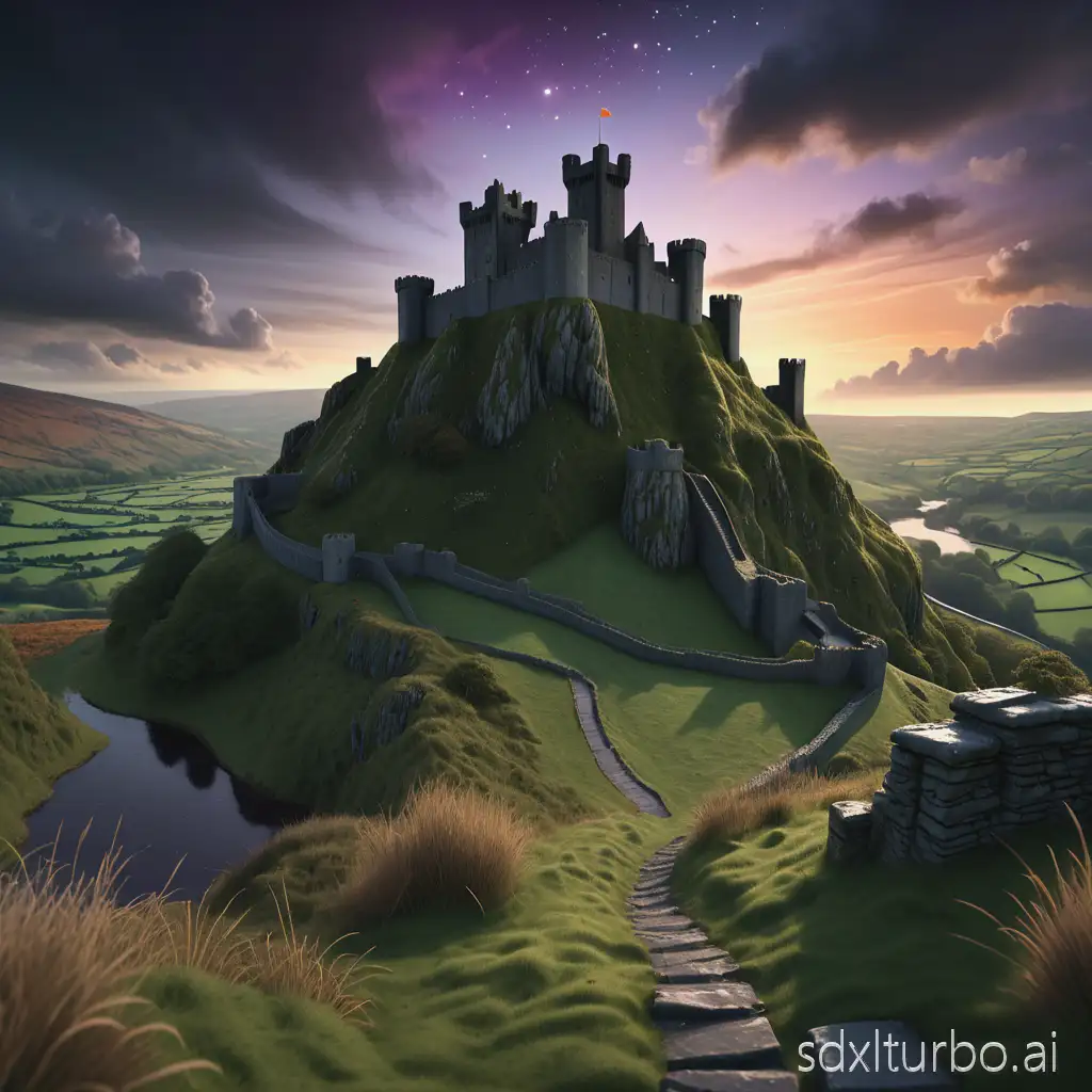 A highly detailed 3D fantasy landscape illustration of Carreg Cennen Castle (or Dinefwr Castle) on top of a hill, majestic and mysterious. The castle is rendered in realistic 3D stone textures, natural gray tones with warm golden-orange glow from sunset light and faint magical flames inside the walls. In front and around the castle, the fertile Tywi Valley with lush green meadows and a gently winding river, soft water reflections. Background: dramatic gradient sky transitioning from deep green moss tones of the valley to soft blue and purple hues of sunset. Clouds are voluminous with subtle 3D shading, faint stars beginning to twinkle. A translucent silhouette of the Welsh Dragon (y Ddraig Goch) faintly appearing in the sky or reflected on the castle walls, mystical and dreamlike, not too obvious. Epic lighting with strong depth, cinematic atmosphere, ultra high resolution, sharp details, volumetric light and shadows, fantasy art style, 8K, hyper-realistic.