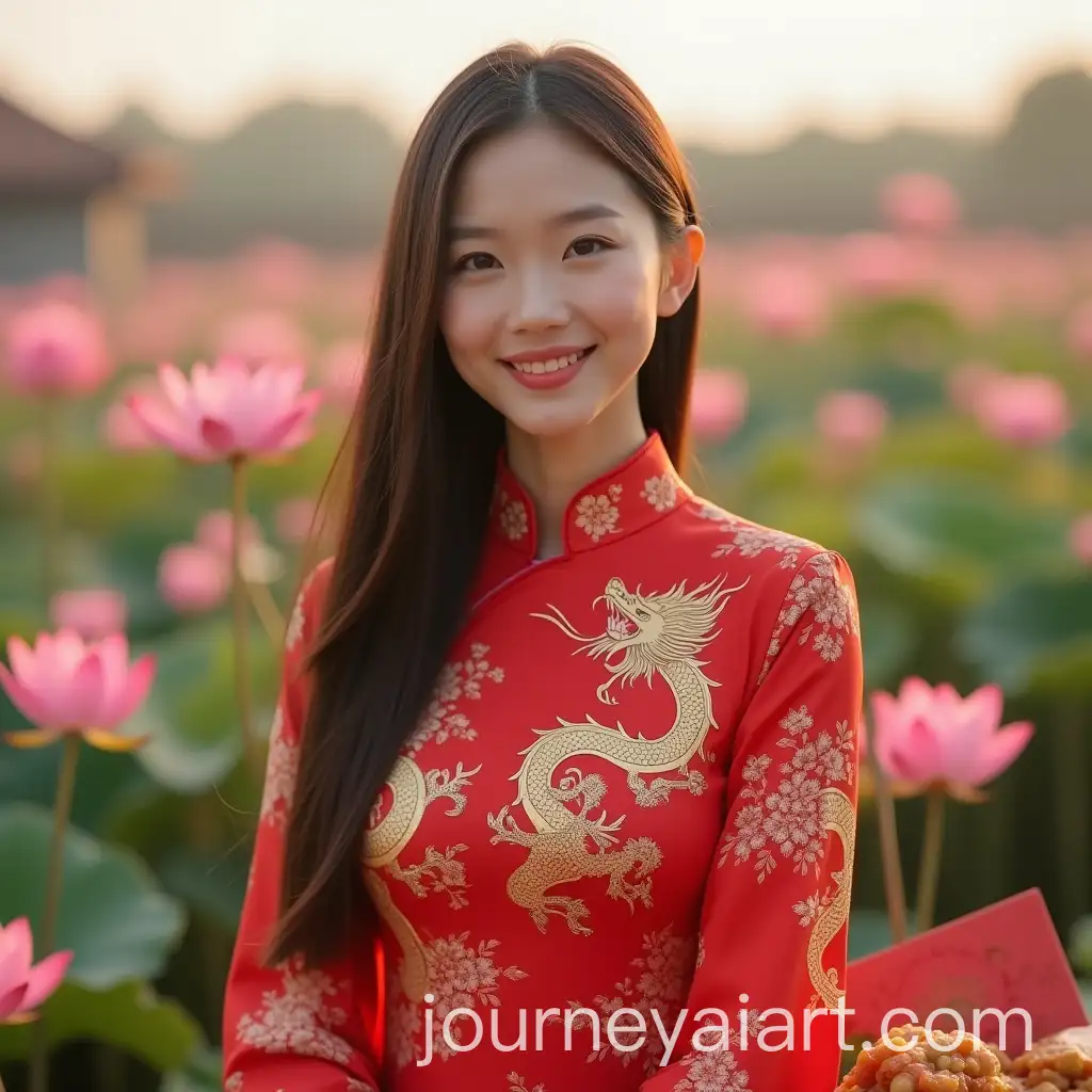 Elegant-Woman-in-Red-Chinese-Dress-Celebrating-Chinese-New-Year-in-Lotus-Garden-with-Red-Envelopes-and-Festive-Dishes
