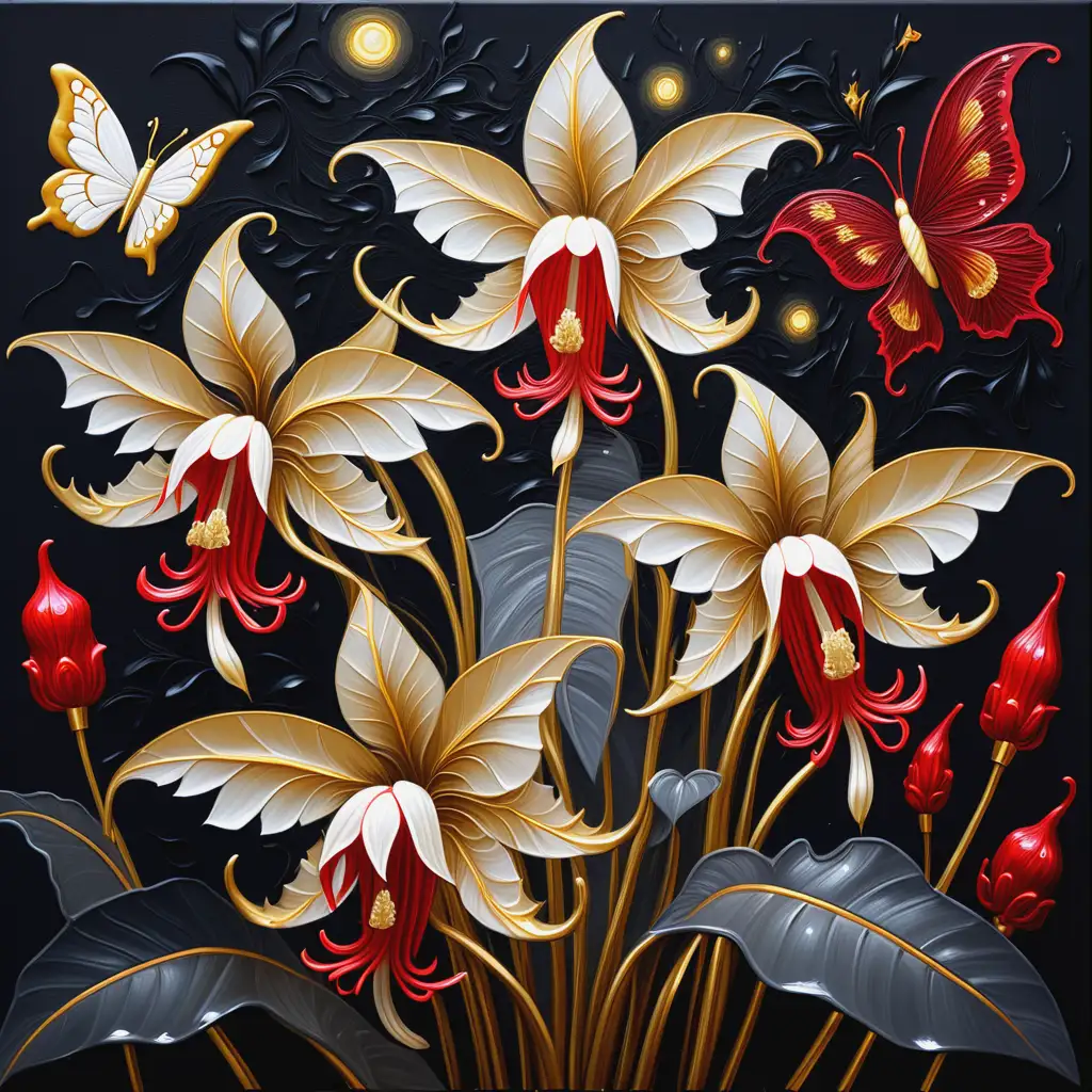 Rococo Canvas Oil painting, Abstract art of Kadupul flowers (Epiphyllum oxypetalum) blooming at night, butterfly, golden embossed, using black red white and gold paint only, Gothic, visionary, stunning intricate detail. Textured colour painting, Thick brush strokes, Modern Art, Impasto Gouache style, Cool Light, Backlighting, smooth post-impressionist painting, 8k resolution, matte texture, masterpiece, dramatic, highly extreme detail, whimsical