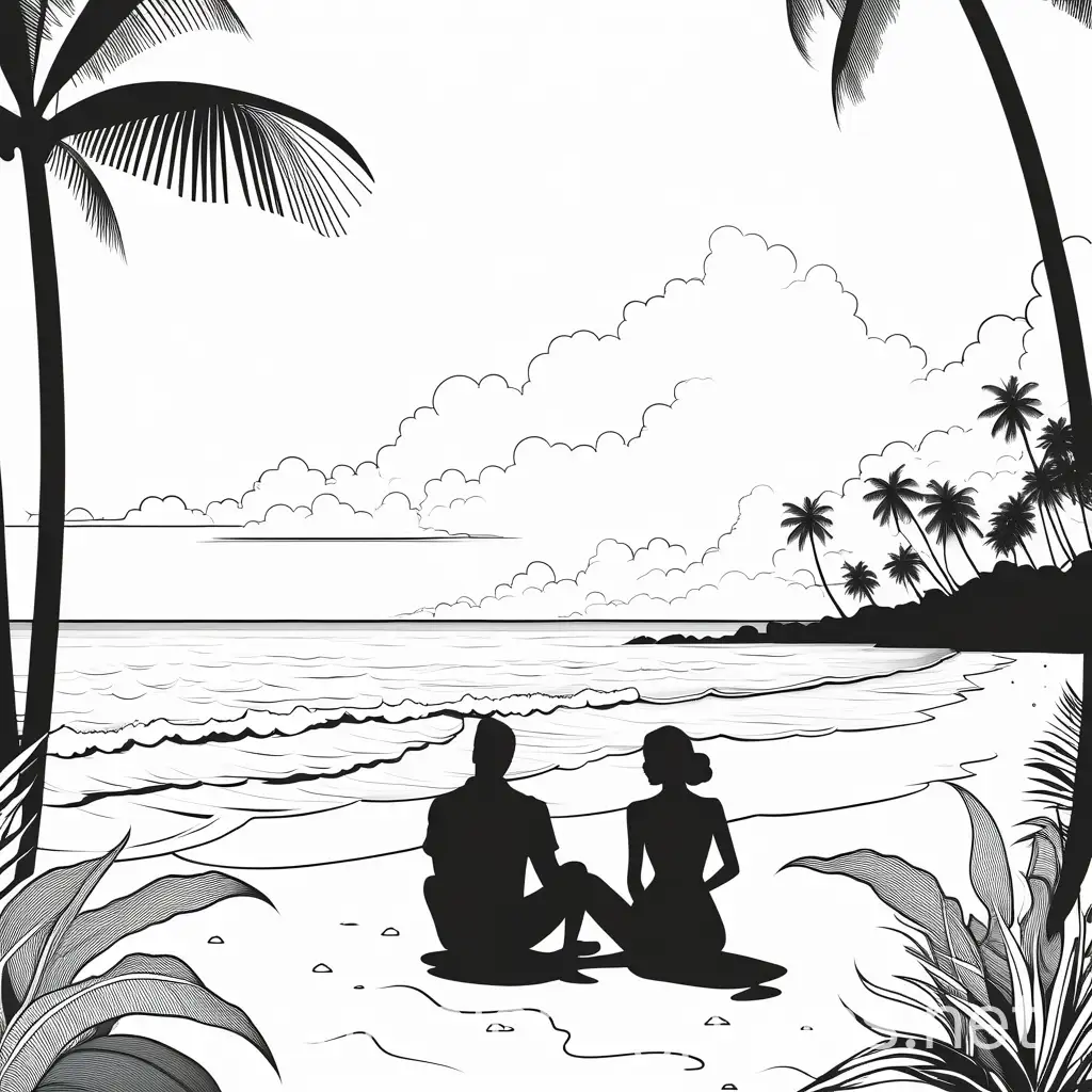 Couple-Sitting-on-Tropical-Beach-Shore-Coloring-Page