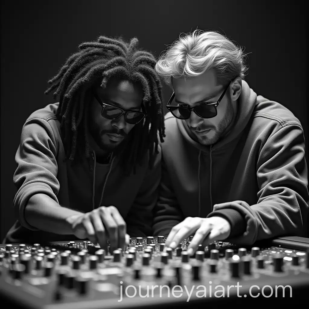 Rasta-Man-and-Blonde-Man-Mixing-Music-in-a-Studio-with-Analog-Equipment