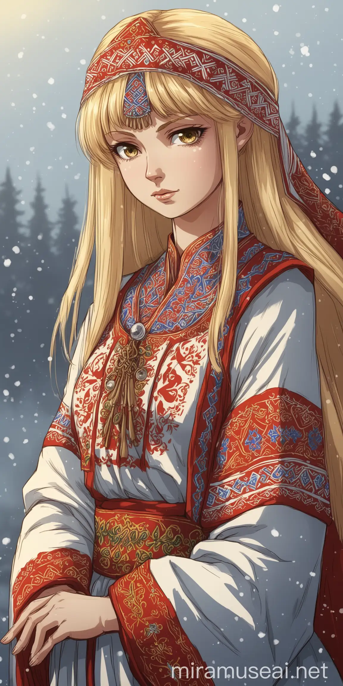 Eastern Slavic Woman in Detailed Anime Style Traditional Clothing