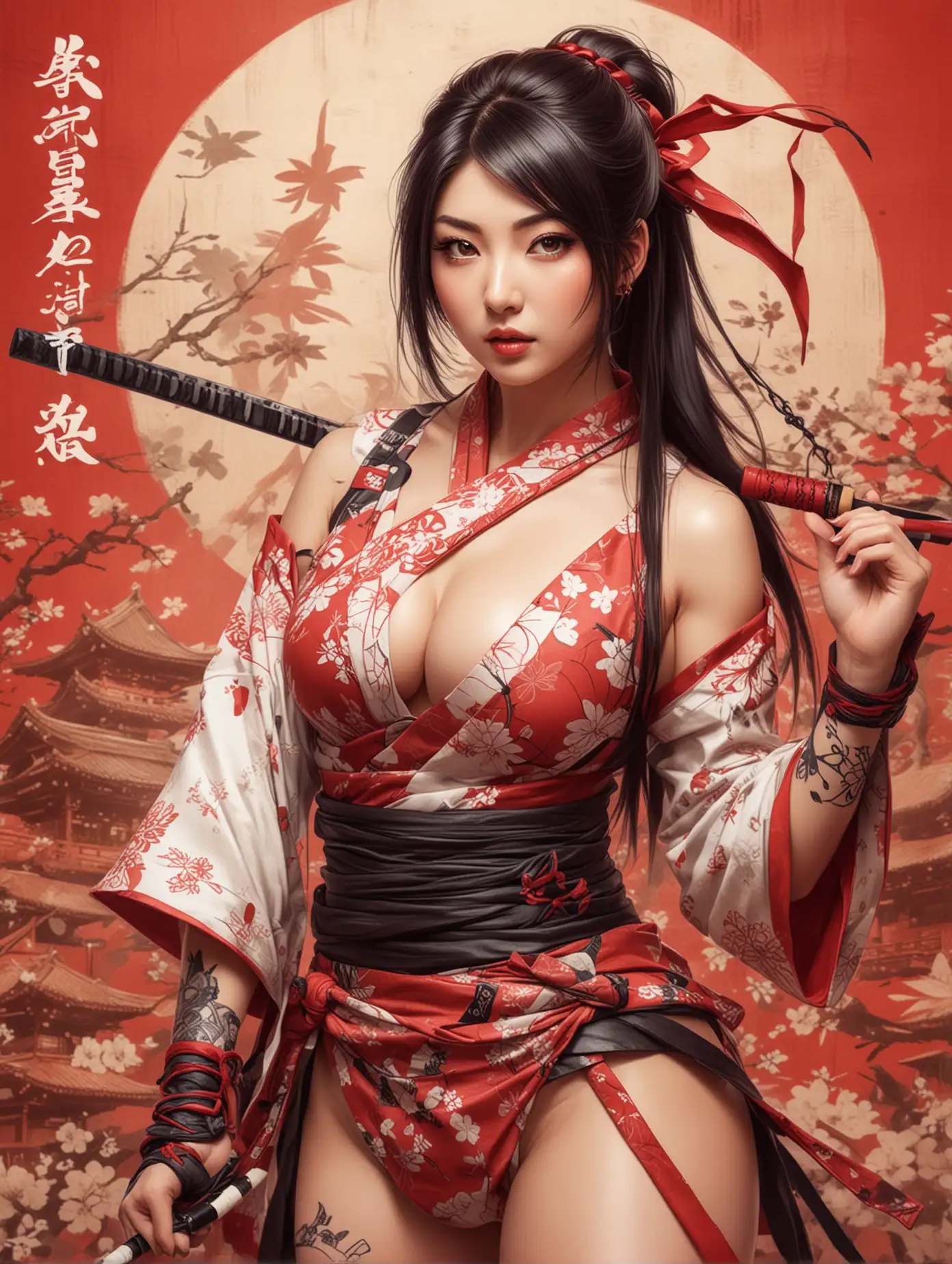 Beauty rara anzai with amazing cleavage, wears ninja konoha suit, dynamic battle pose, japanese culture symbols background, pencil sketch drawn, red and white hue, ukiyo-e style