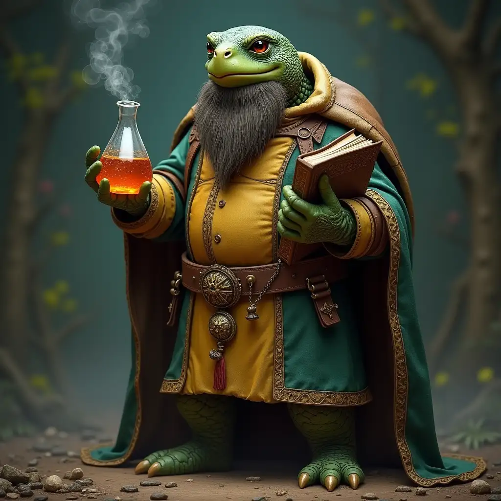 Turtle Alchemist in Medieval Robe Holding Flask and Book