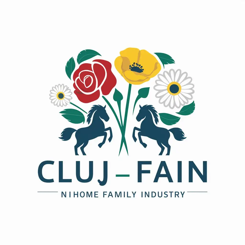 LOGO Design For ClujFain Elegant Floral Theme with Roses Poppies and Daisies in Red Yellow and Blue on White Background