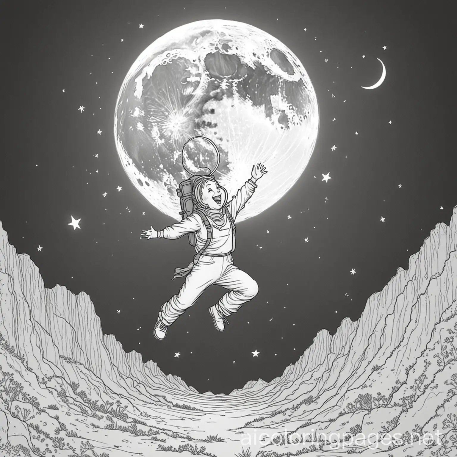 jumping to the moon, Coloring Page, black and white, line art, white background, Simplicity, Ample White Space. The background of the coloring page is plain white to make it easy for young children to color within the lines. The outlines of all the subjects are easy to distinguish, making it simple for kids to color without too much difficulty