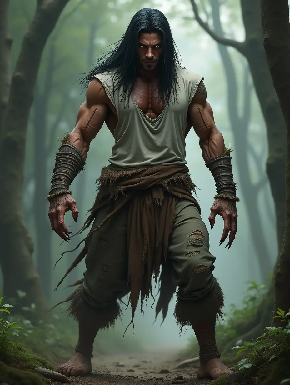 Fantasy setting, wild man, strong man, claws on hands and legs, animalistic features, black long straight hair, yellow eyes, vertical slit pupils, bandages on arms and legs, barefoot, rough clothing made of rags and skins, baggy pants, athletic build, slim body, light grey coarse t-shirt, sleeves ripped off, deep neckline, animal skin tied around waist, dynamic pose, forest background