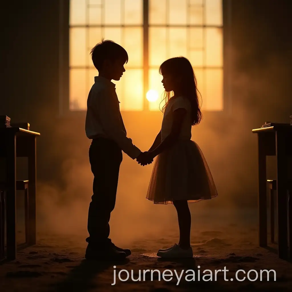 Silhouette-of-Boy-and-GirlAI-Image-Prompt-Expansion-Holding-Hands-Fading-into-Dust-in-an-Old-Classroom-or-Sunset