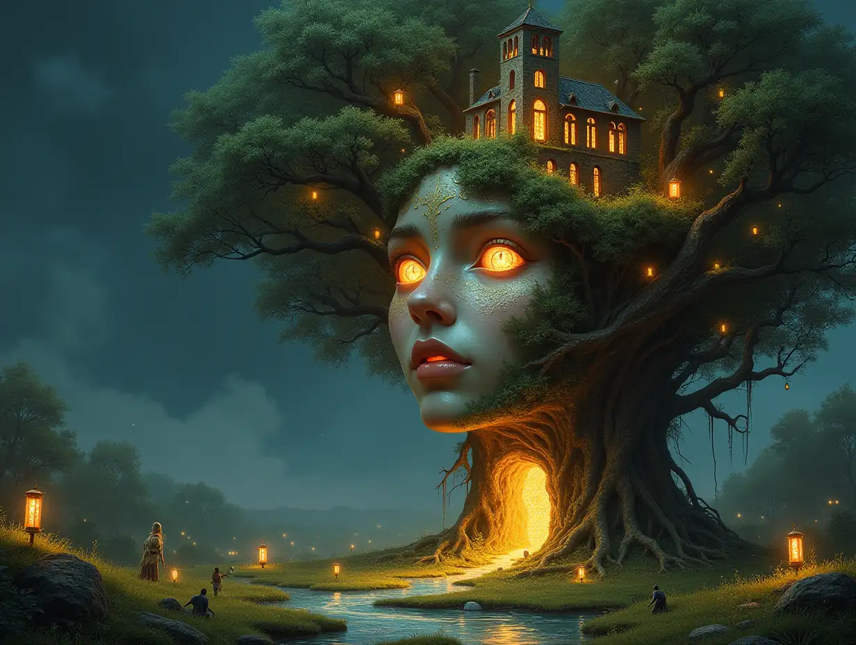 Creating a digital painting of a face with hair, that turns into a building with gold stones and lit trees with roots river and lanterns and strange fairy creatures on a meadow