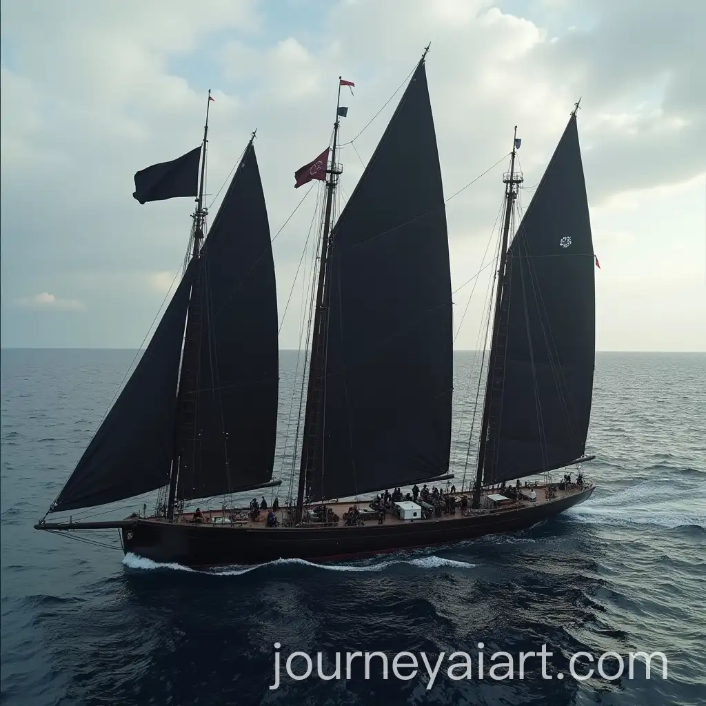 Three-Yachts-with-Flowing-Flags-and-People-in-Black-Clothing-on-Board