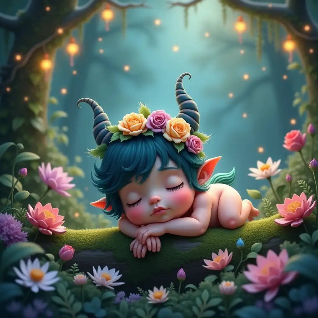 A whimsical digital artwork depicts a tiny, sleeping creature with fantastical features, positioned slightly to the right of center in the foreground. The baby-like being has pale pink skin, closed eyes tinted faint pink, and subtle blush on its cheeks. Its body is crossed, with hands supporting the head and feet resting below. Delicate feathered wings spread outward from its back, adding to its ethereal appearance. The creature's hair is dark teal, fluffy, and voluminous, styled upward with horn-like structures spiraling upwards. It wears an intricate crown of flowers in pastel shades of pink, yellow, white, and green leaves, adorning its head. The creature rests on a moss-covered log, surrounded by a vibrant array of colorful flowers including roses, lotus-like blossoms, daisies, and chrysanthemums in shades of pink, purple, white, and blue. Various types of foliage, ferns, and small plants add depth to the scene. Small fairy lights or string lights illuminate the surroundings, casting a soft, magical glow that enhances the dreamlike quality of the image. The background consists of blurred flora and hanging branches, creating a serene atmosphere with soft bokeh effects of warm golden lights scattered across the sky-blue gradient. This enchanting setting evokes a sense of peace, wonder, and otherworldliness, reminiscent of a mystical forest grove at night.