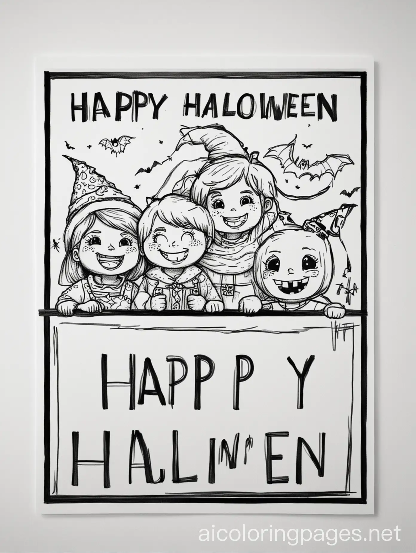 Children-Holding-Happy-Halloween-Sign-Coloring-Page