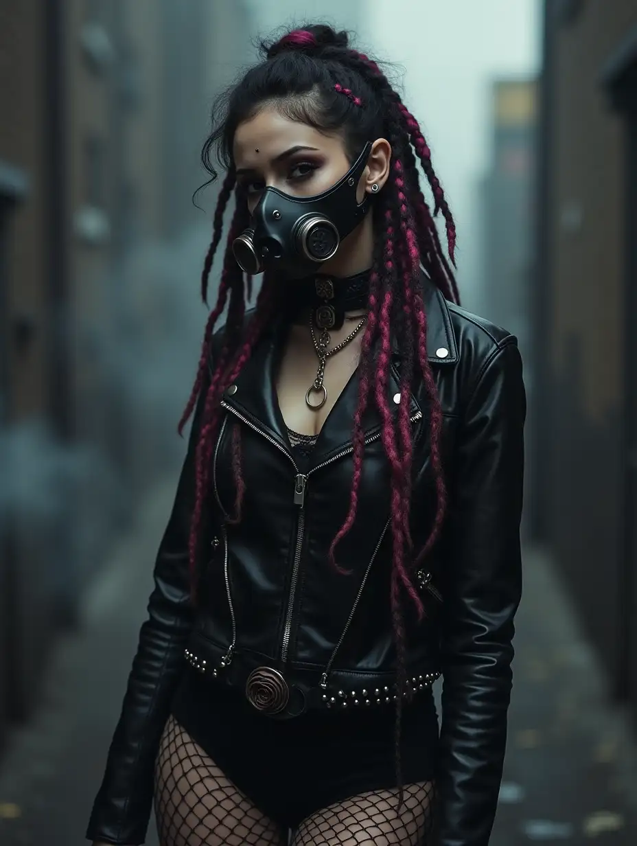 A badass chick with long, black and pink dreadlocks rocks (a gas mask:1.4) and black leather getup. She's got a pale, sharp look with dark, smoky eyes and a piercing nose ring. The background is a dark, smoky cityscape, adding to the edgy, gothic vibe. Her outfit includes fishnet stockings, a spiked collar, and a belt with a rose buckle. The scene screams dark, alternative fashion with a gothic and industrial edge.