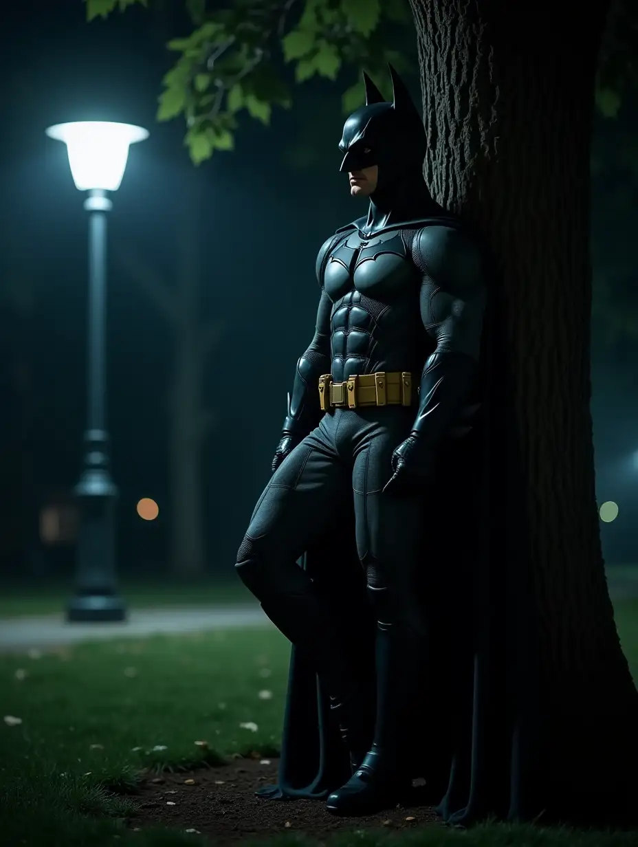 Batman with his modern costume leaning against a tree in a park at night dimly lit by a street lamp, the scene of the character as a whole and from the front in low angle with breathtaking details like a realistic photograph of high precision, high definition, very detailed.