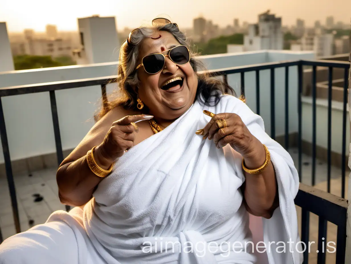 Happy-Indian-Woman-Drinking-Water-on-Terrace-at-Sunset