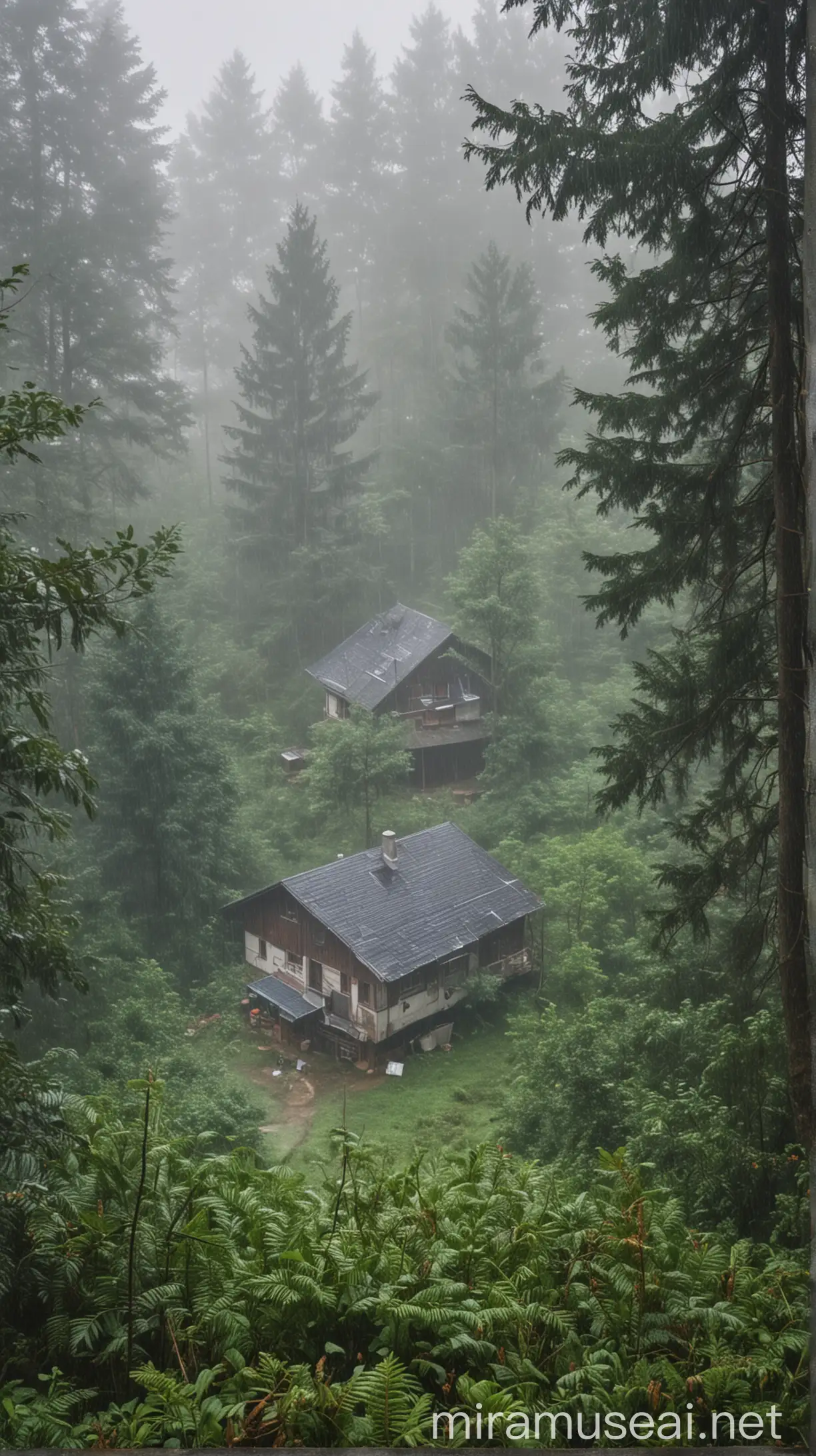 Mysterious House in a Dense Forest During Heavy Rain and Fog