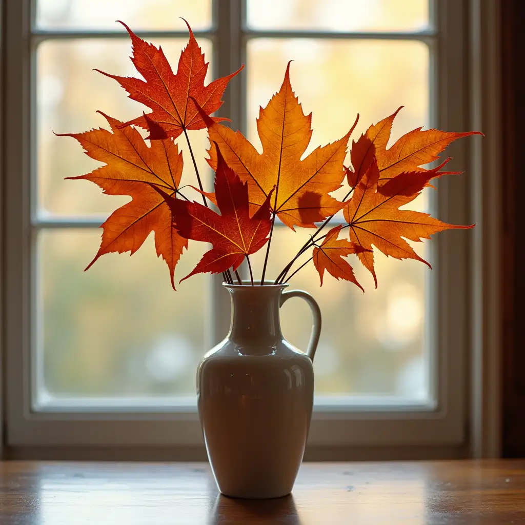 a vase with autumn leaves standing on a table by the window. on the vase are drawn autumn leaves and reflected window.