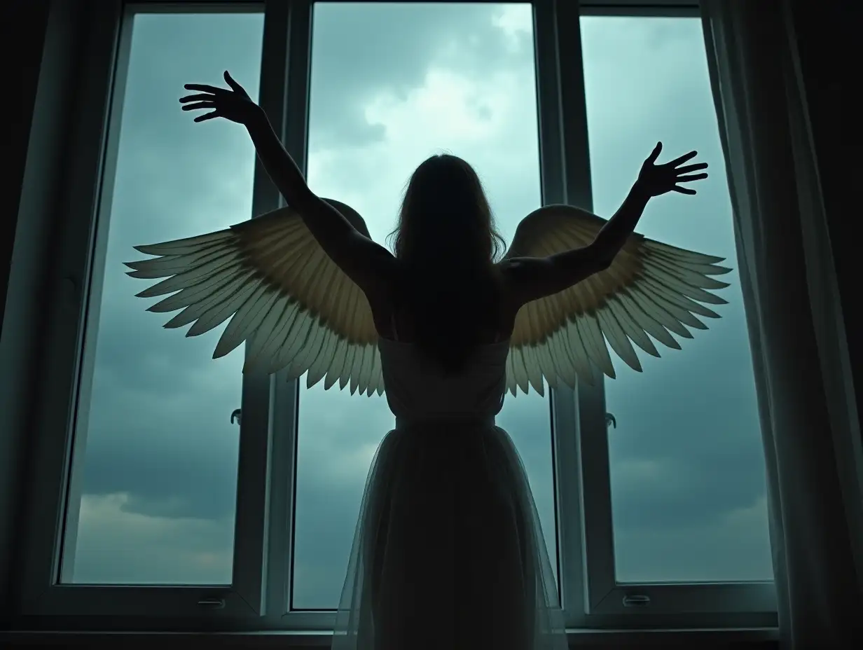 a woman with wings, above a window, a storm